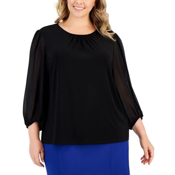 Kasper Crewneck Chiffon-Sleeve Knit Top Black Plus Size 1X MSRP $79 - Picture 1 of 1